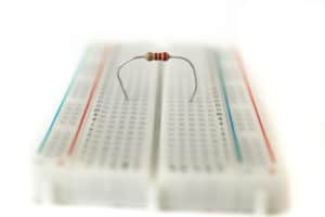 A resistor on a breadboard