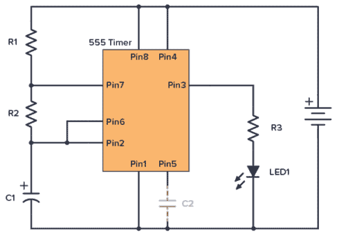 555 Timer blinking LED circuit